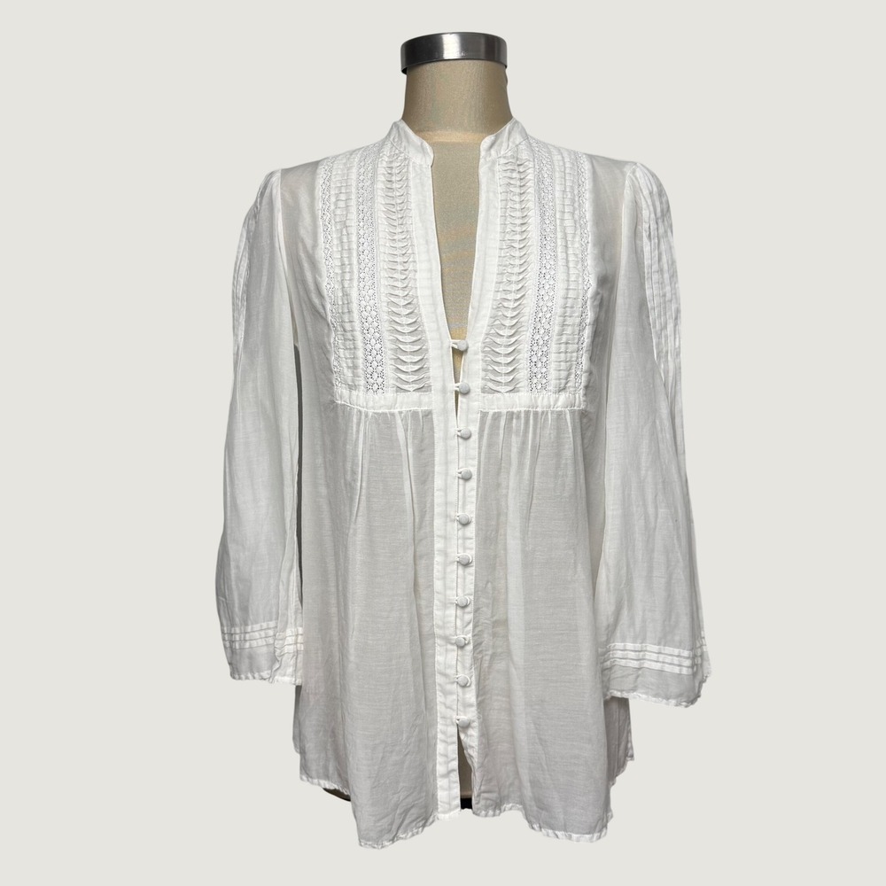Joie White Silk Cotton Lace Pintuck Blouse Top Large Boho Peasant 25-2172